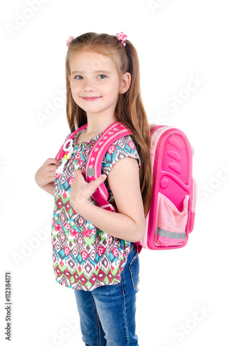 Portrait of smiling schoolgirl with backpack isolated