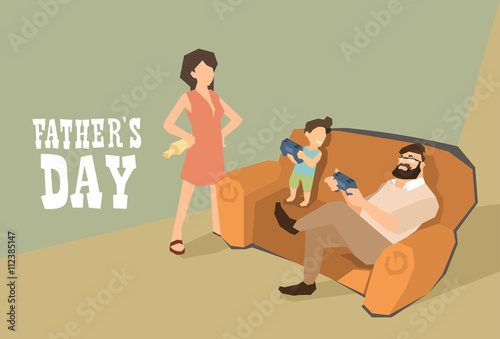 Man Son Sit On Sofa Play Video Games Father Day