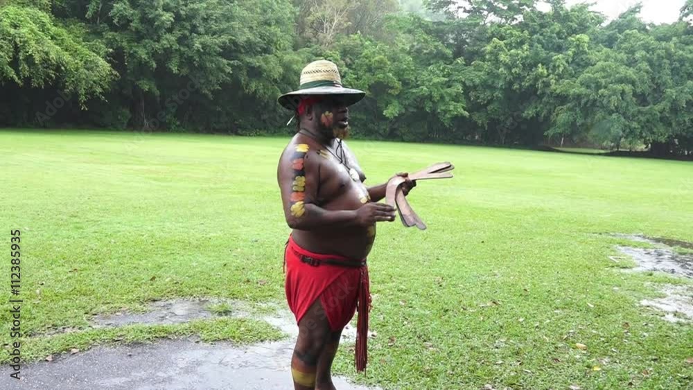 Yirrganydji Aboriginal warrior demonstrates how to throw a boomerang