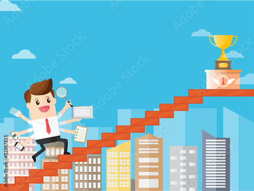 businessman hard work running with multitasking on stairway to success