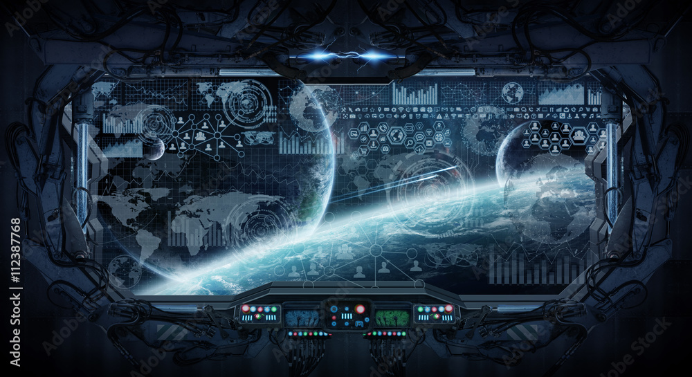 Naklejka premium Window view of space and planets from a space station