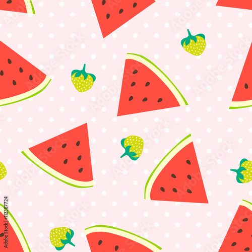 Watermelon and strawberries seamless pattern with polka dots 
