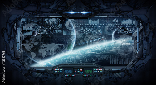 Fototapeta Naklejka Na Ścianę i Meble -  Window view of space and planets from a space station
