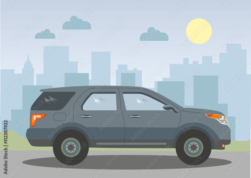 Jeep on the background of the city. Vector illustration.