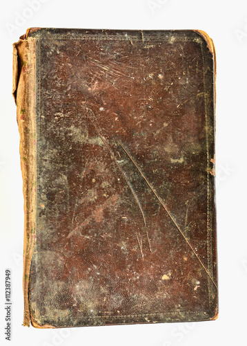 Old note book or diary with brown leather cover on white background.