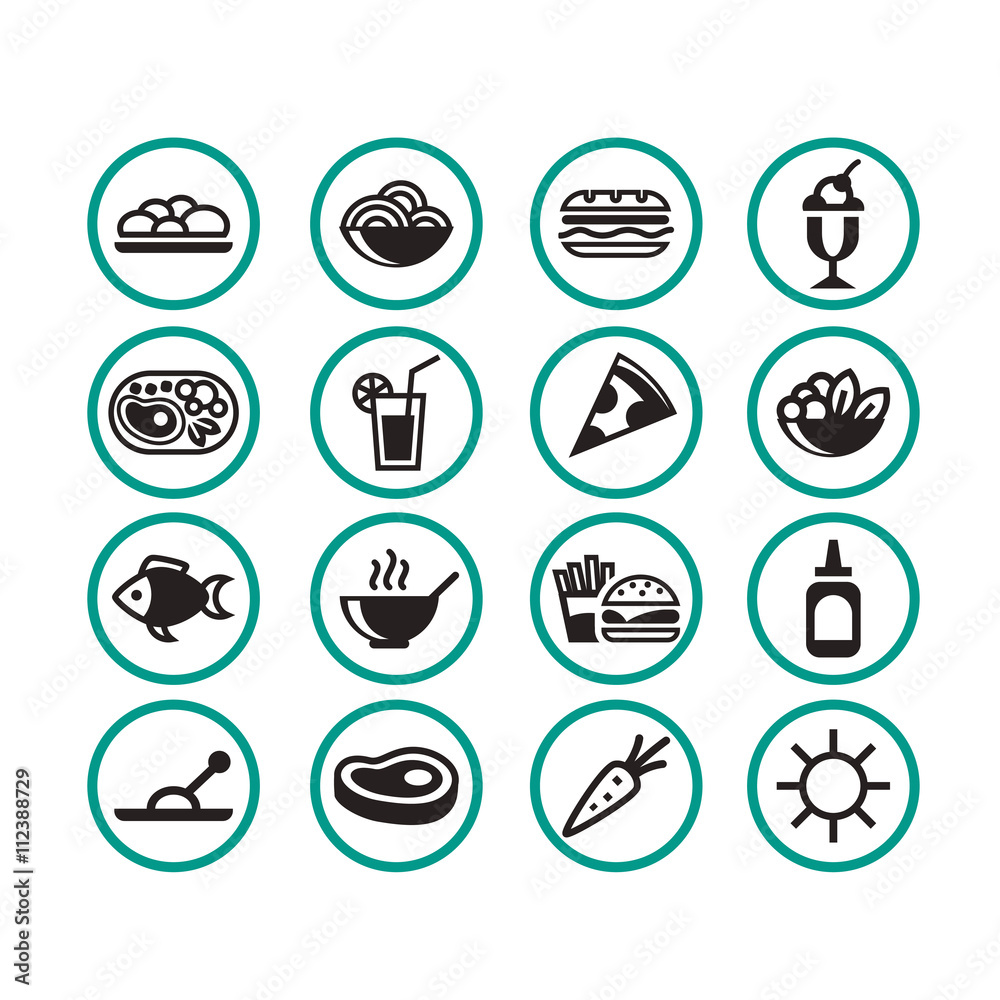 Simple flat food icon set for restaurant, menu or websites. Includes pizza, fast food, hamburger, steak, etc. Simple flat food icon set for restaurant, menu or websites. Includes pizza, fast food, hamburger, steak, etc.