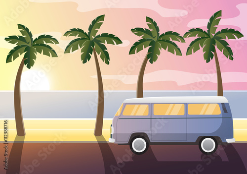 Camper car on the beach in sunset with palm trees. Summer feeling, freedom of travel.