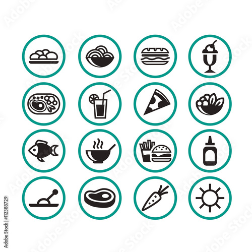 Simple flat food icon set for restaurant, menu or websites. Includes pizza, fast food, hamburger, steak, etc.