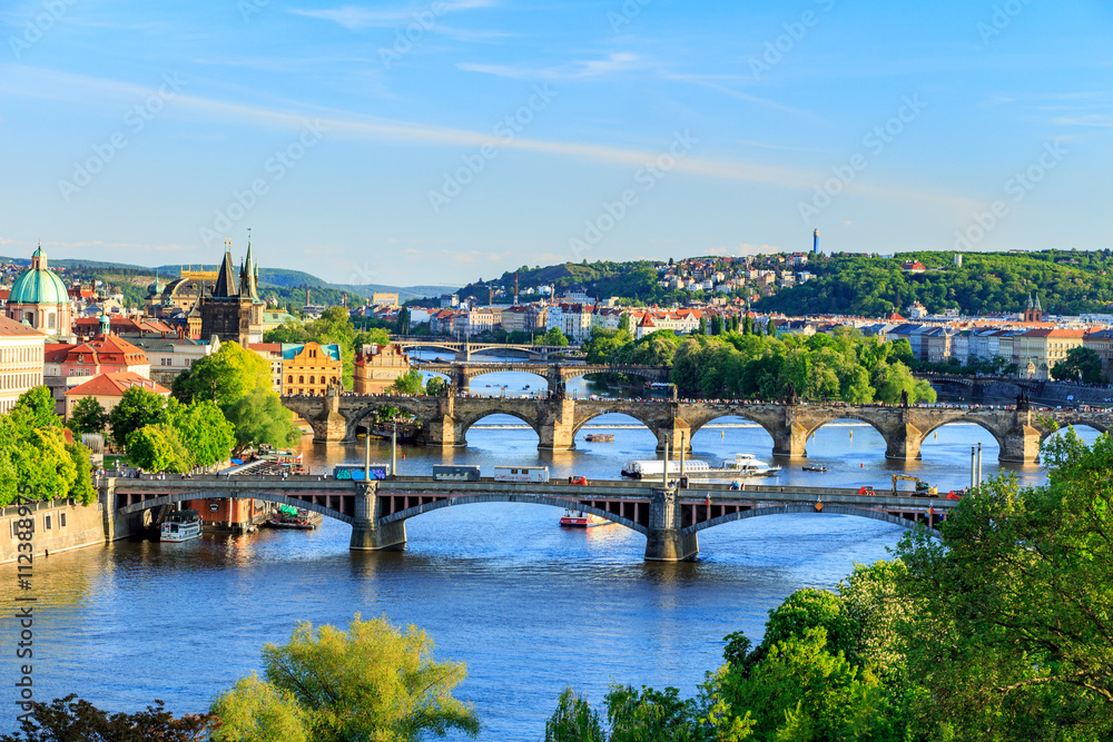 Beautiful view to Vltava and bridges in Prague, Czech republic