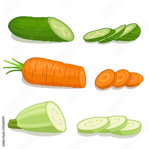 Set chopped vegetables isolated on white background. Vector illustration. Cut circles of cucumber, carrot, zucchini.