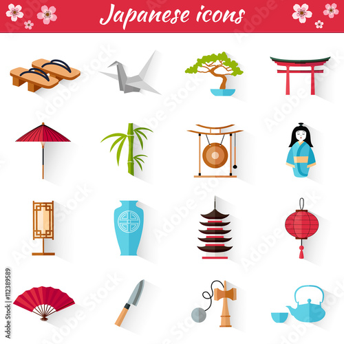 Japanese Set of icons in flat style. Vector illustration. A collection of symbol in oriental style. Thumbnails for web design. © Ansty art