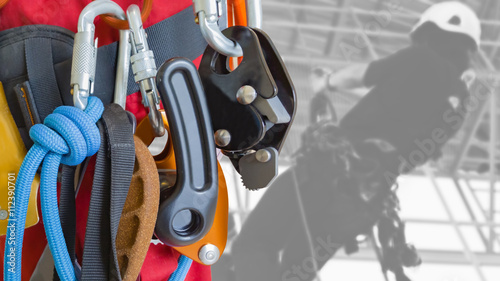 Rope access equipment on inspector man background