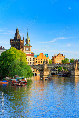 Pargue, view of the Lesser Bridge Tower and Charles Bridge (Karluv Most), Czech Republic.