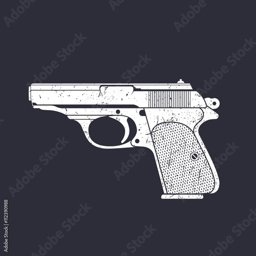 classic pistol, old handgun silhouette, world war 2 german pistol, white on dark, vector illustration