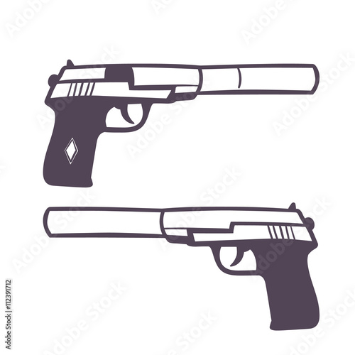 hand drawn pistol with silencer, handgun on white, vector illustration