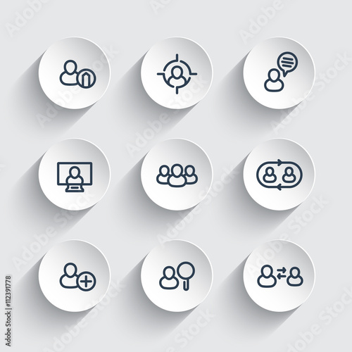 Human resources icons, hrm, personnel management, staff rotation, coaching, hiring, vacancy, thick line icons on round 3d shapes