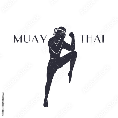 Muay thai athlete silhouette, male boxer in a defensive fighting stance, man doing boxing exercise, logo element, t-shirt print, with