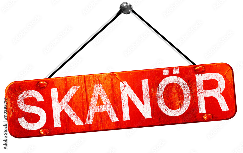 Skanor, 3D rendering, a red hanging sign Skanor, 3D rendering, a red hanging sign