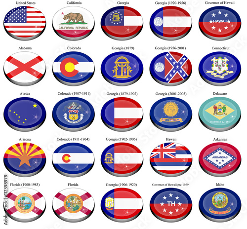 Set of icons. States and territories of USA flags. 