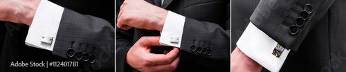 elegant young fashion man looking at his cufflinks while fixing them