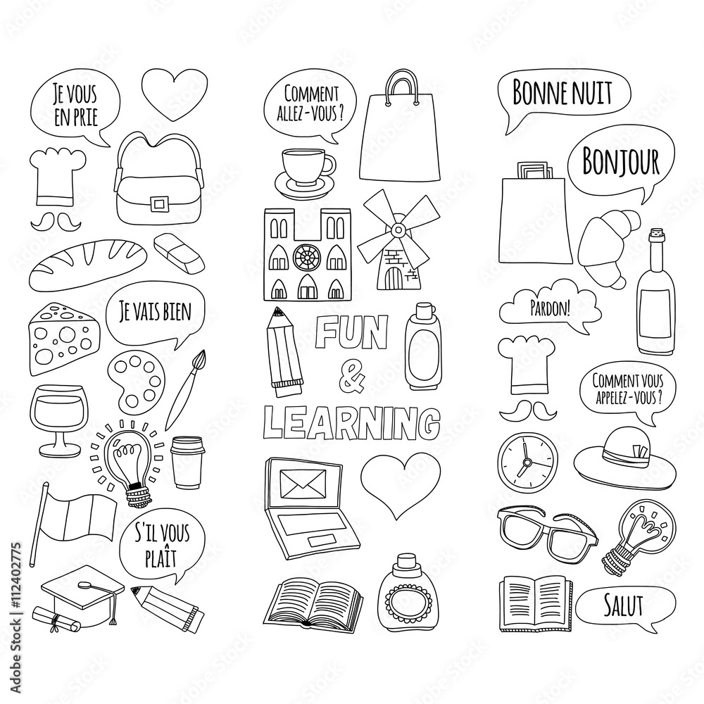 Online french courses Language school Vector set of doodle icons Online french courses Language school Vector set of doodle icons