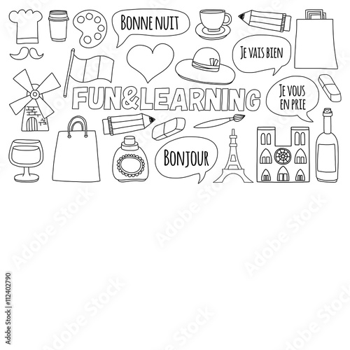 Online french courses Language school Vector set of doodle icons