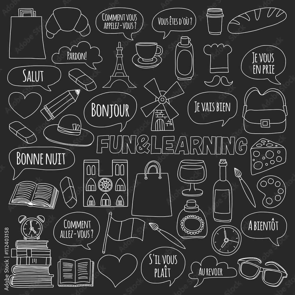 Online french courses Language school Vector set of doodle icons Online french courses Language school Vector set of doodle icons