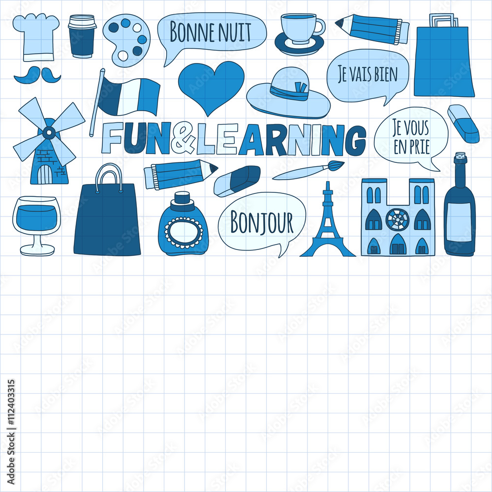 Online french courses Language school Vector set of doodle icons Online french courses Language school Vector set of doodle icons