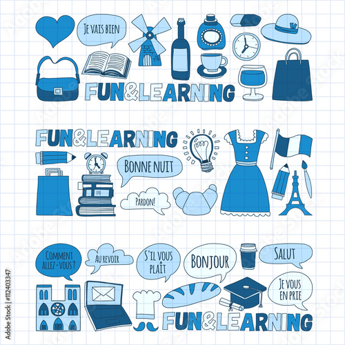 Online french courses Language school Vector set of doodle icons