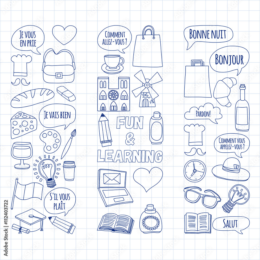 Online french courses Language school Vector set of doodle icons Online french courses Language school Vector set of doodle icons