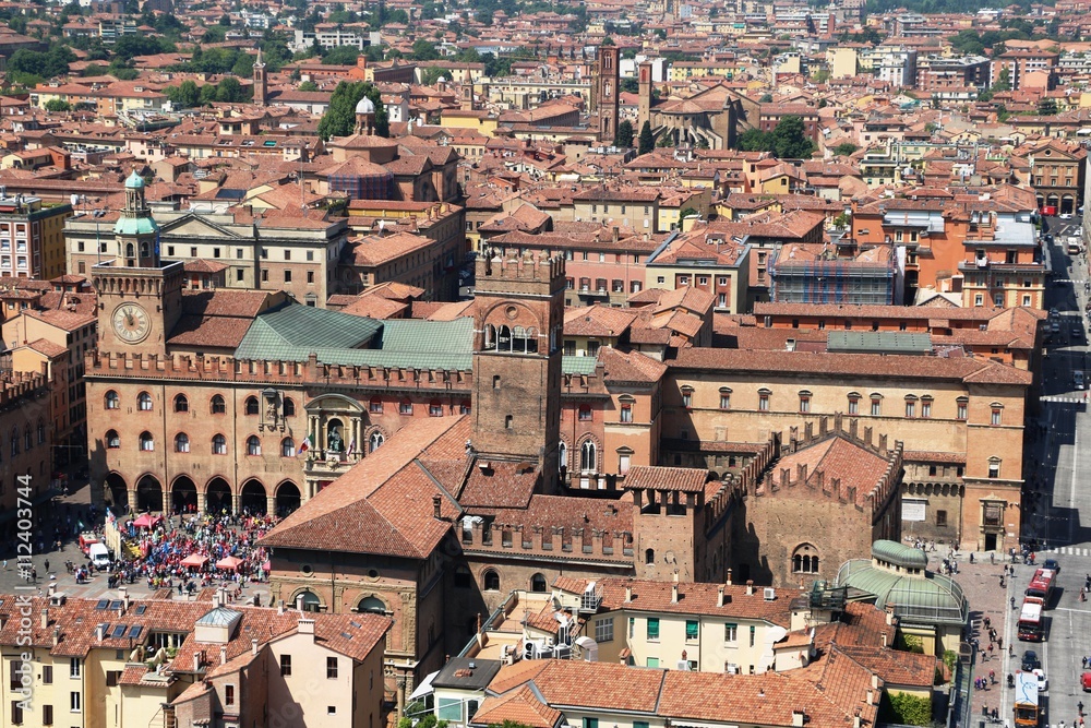 Holidays in Bologna, view to Piazza Maggiore from Tower Asinelli, Italy 