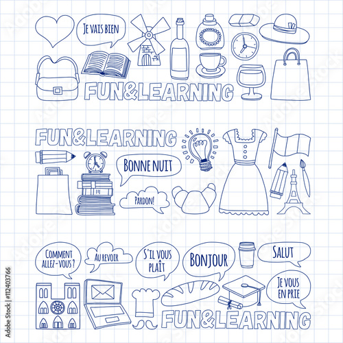Online french courses Language school Vector set of doodle icons