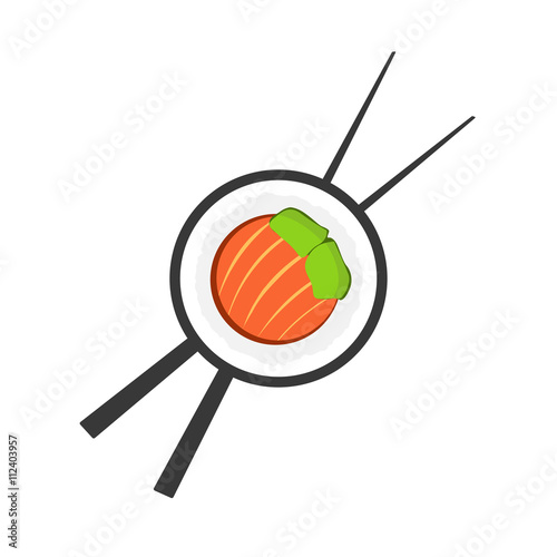 Sushi roll with chopsticks logo, sushi logotype, sushi bar symbol, sushi roll flat icon, sushi close up emblem, cartoon vector illustration modern simple design isolated on white background