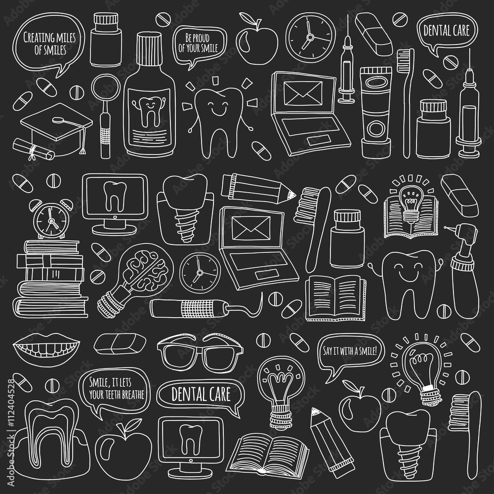 Dentistry Vector doodle set of icons Children dental care Dentistry Vector doodle set of icons Children dental care