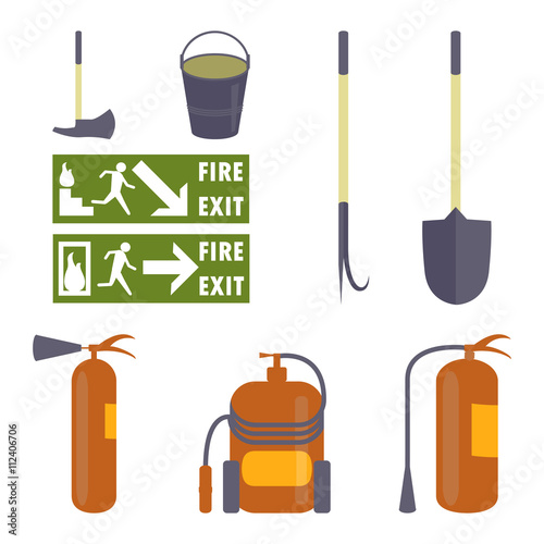 Set of fire equipment. Fire extinguishers, shovel, hook, bucket, an ax and Fire safety signs. Elements for fire-fighting baners, flayers, infographic. Vector eps10 illustration
