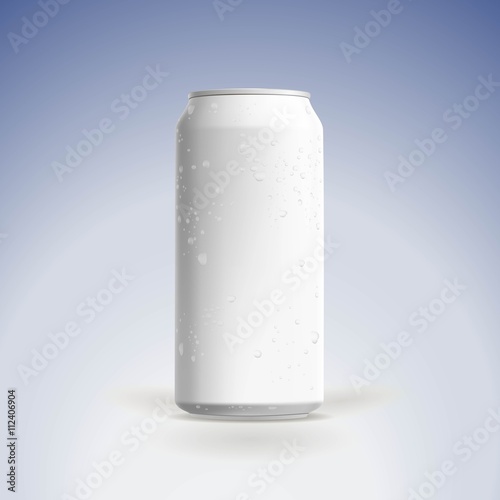 Photorealistic vector beer can mockup with water drops.