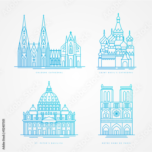 Linear icion set. World famous cathedral. Landmarks of europe.. Paris Moscow Rome and Cologne