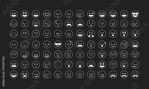 Set of white outline emoticon vector isolated on black background. Emoji vector. Smile icon set. Emoticon icon web.