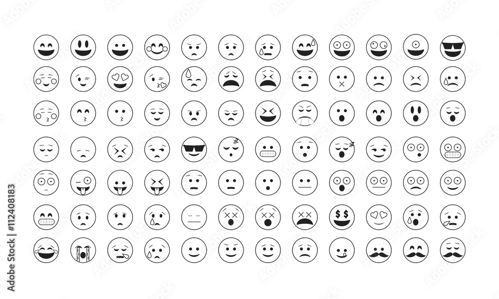 Set of black outline emoticon vector isolated on white background