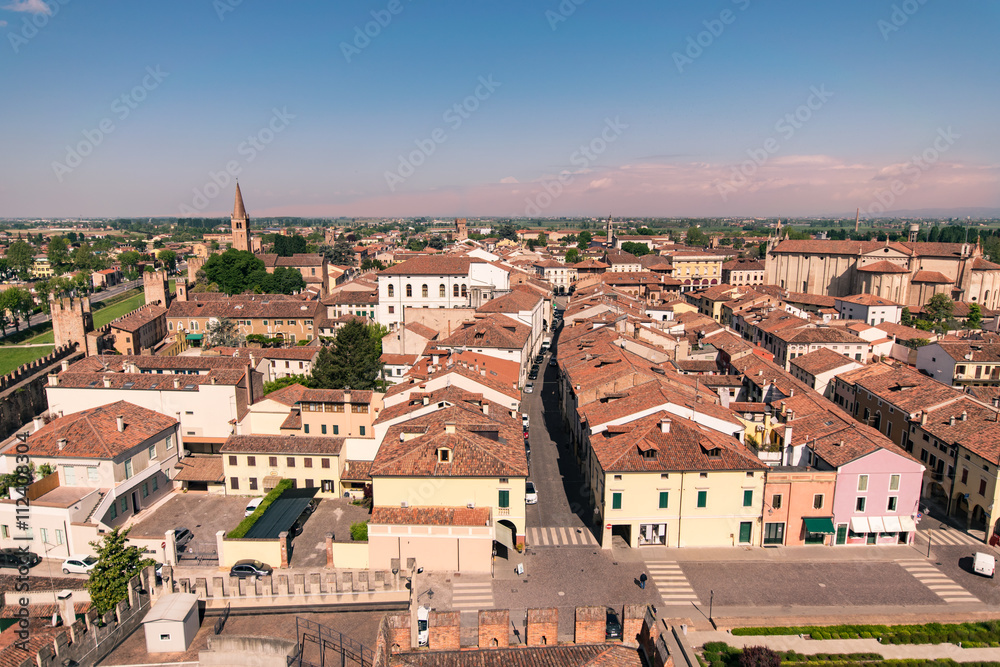 Aerial view of the walled city of Montagnana, Italy.
