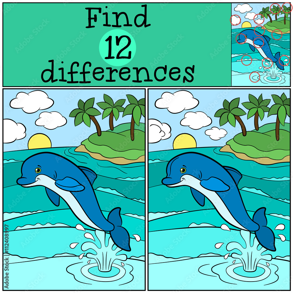 Fototapeta premium Children games: Find differences. Little cute dolphin jumps out of the water and smiles.