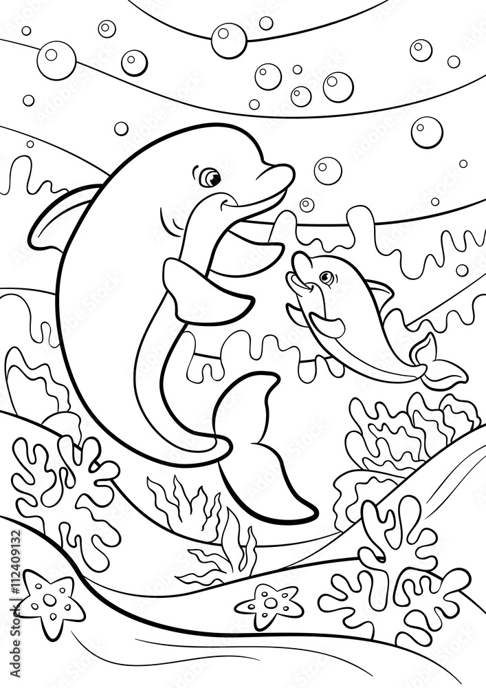 Naklejka premium Coloring pages. Marine wild animals. Mother dolphin swims underwater with her little cute baby dolphin.