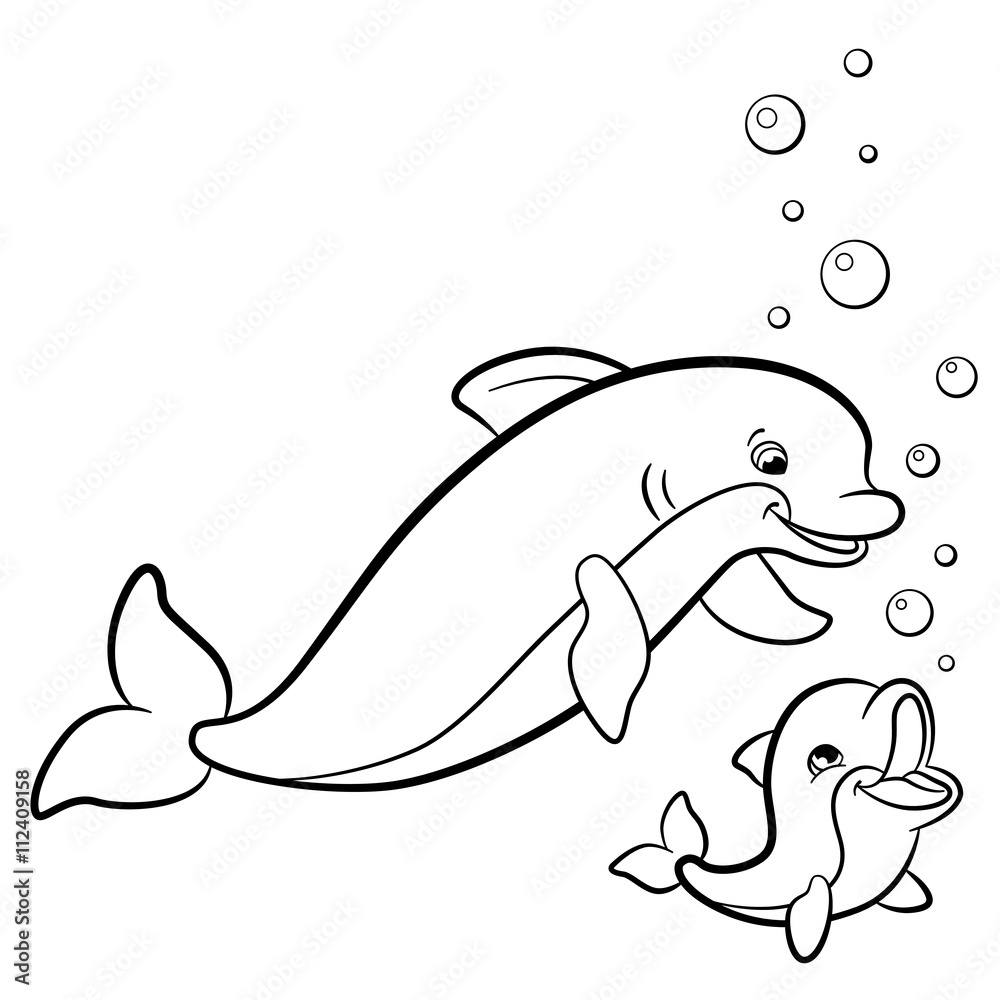 Naklejka premium Coloring pages. Marine wild animals. Mother dolphin swims with her little cute baby dolphin.