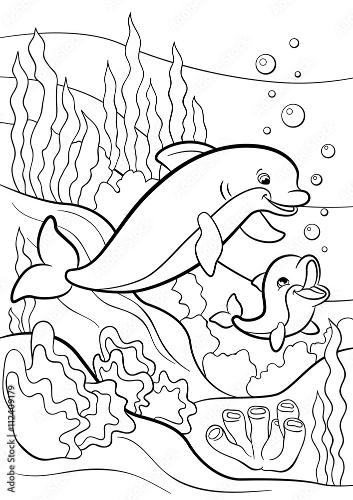 Fototapeta premium Coloring pages. Marine wild animals. Mother dolphin swims underwater with her little cute baby dolphin.