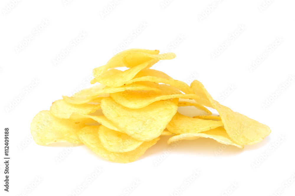 Fried salted potato chips isolated on white background Fried salted potato chips isolated on white background