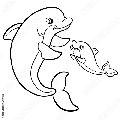 Coloring pages. Marine wild animals. Mother dolphin swims with her little cute baby dolphin.
