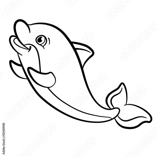 Coloring pages. Marine wild animals. Little cute baby dolphin.