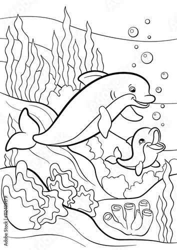 Coloring pages. Marine wild animals. Mother dolphin swims underwater with her little cute baby dolphin.