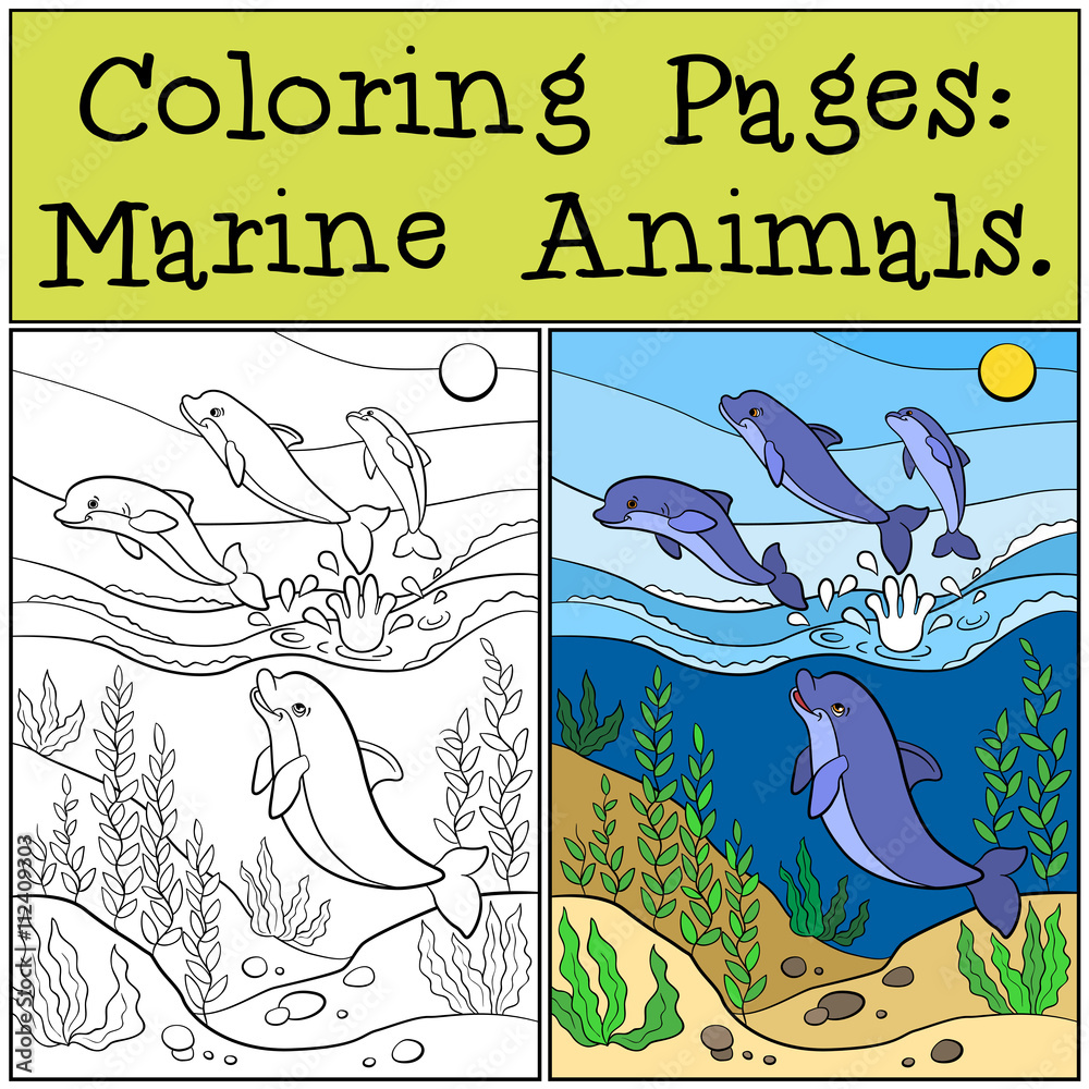 Naklejka premium Coloring Pages: Marine Animals. Group of cute dolphins jumps out of the water and smiles.