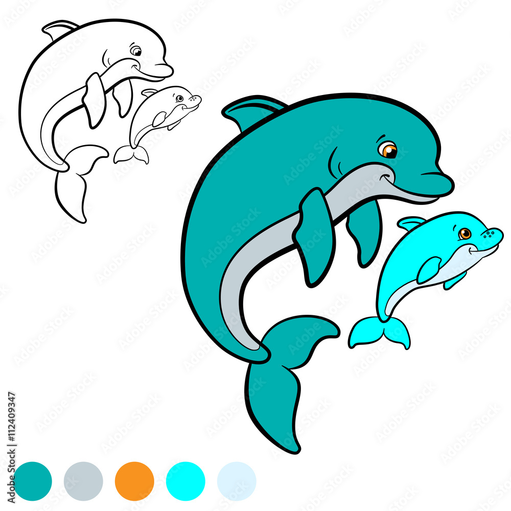 Naklejka premium Coloring page. Color me: dolphin. Mother dolphin swims with her little cute baby dolphin.